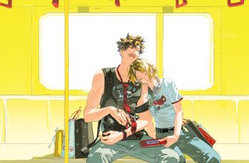 Rule 34 | 2boys, absurdres, bag, baozaohuang, bare shoulders, belt, belt buckle, black bag, black belt, black hair, blonde hair, blue pants, buckle, closed eyes, commentary, crew neck, denim, feet out of frame, gift bag, haikyuu!!, handheld game console, head on another's shoulder, highres, holding, holding bag, holding handheld game console, jeans, kozume kenma, kuroo tetsurou, male focus, multicolored hair, multiple boys, necktie, open mouth, pants, parted hair, print shirt, red necktie, roots (hair), shirt, short sleeves, sitting, sleeping, sleeveless, sleeveless shirt, spiked hair, symbol-only commentary, t-shirt, teeth, train interior