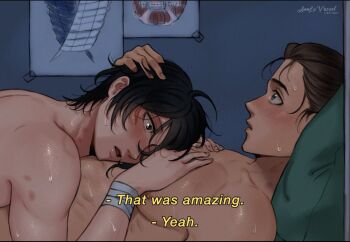 1boy 1girl aftersex annlu_vazzel black_hair blush colossal_titan eren_yeager hand_on_another&#039;s_head how_i_met_your_mother lying lying_on_another mikasa_ackerman muscular muscular_female nude pillow scar shingeki_no_kyojin short_hair survey_corps_(emblem) sweat titan_(shingeki_no_kyojin)