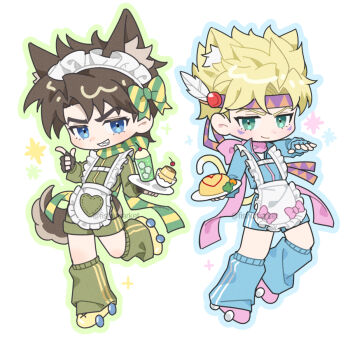 2boys animal_ear_fluff animal_ears apron apron_pocket aqua_eyes battle_tendency blonde_hair blue_eyes blue_outline bow brown_hair caesar_anthonio_zeppeli cat_boy cat_ears cat_tail chibi chibi_only commentary_request dog_boy dog_ears dog_tail facial_mark feathers fingerless_gloves fishumarket food full_body gloves green_outline grin holding holding_tray ice_cream ice_cream_float index_finger_raised jacket jersey_maid jojo_no_kimyou_na_bouken joseph_joestar joseph_joestar_(young) kemonomimi_mode korean_commentary leg_warmers long_sleeves maid maid_headdress male_focus melon_soda multiple_boys omelet omurice outline pudding roller_skates scarf scarf_bow short_hair shorts skates smile standing standing_on_one_leg striped_bow striped_clothes striped_scarf tail track_jacket tray unconventional_maid white_background