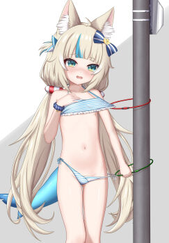 1girl absurdres animal_ear_fluff animal_ears azunyart bdsm bicycle_lock bikini blonde_hair blue_bikini blue_bow blue_hair blue_scrunchie blush bondage bound bow cat_ears fins fish_girl fish_tail flat_chest green_eyes hair_bow hair_ornament highres holding indie_virtual_youtuber lifebuoy_hair_ornament long_hair looking_at_viewer low_twintails multicolored_hair navel nose_blush open_mouth predicament_bondage sameko_saba scrunchie side-tie_bikini_bottom solo star_(symbol) star_hair_ornament streaked_hair striped_bikini striped_bow striped_clothes swimsuit tail twintails two-tone_hair very_long_hair virtual_youtuber wrist_scrunchie