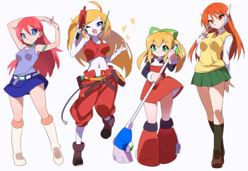 4girls blue_eyes blue_shirt blue_skirt breasts broom character_request colored_skin commentary_request copyright_request cropped_shirt crossover curly_brace doukutsu_monogatari dress flat_chest green_eyes green_skirt group_picture gun high_ponytail holding holding_broom holding_gun holding_weapon kaidou_zx long_hair medium_breasts mega_man_(classic) mega_man_(series) miniskirt multiple_girls one_eye_closed orange_eyes orange_hair pants pink_hair pleated_skirt ponytail red_dress red_pants red_shirt robot_ears robot_girl roll_(mega_man) shirt simple_background skirt small_breasts sweater trigger_discipline weapon white_background white_shirt white_skin yellow_sweater