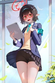 1girl @_@ absurdres armband ayane_(blue_archive) bike_shorts black_coat black_shorts black_skirt blue_archive blue_armband blue_necktie blush braid bubble99 clothes_lift coat collared_shirt commentary_request commission crown_braid earpiece hair_ornament halo highres holding holding_tablet_pc long_sleeves looking_at_viewer miniskirt necktie open_clothes open_coat open_mouth pleated_skirt pointy_ears rectangular_eyewear red-framed_eyewear red_halo school_uniform shirt short_hair shorts skirt skirt_lift solo sweater_vest tablet_pc thighs white_shirt wind wind_lift yellow_eyes yellow_sweater_vest