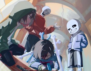 2boys 2others :d alternate_universe ankle_boots ankle_socks backlighting black_pants black_sclera black_shorts blood blood_from_forehead blood_on_clothes blood_on_face blue_jacket blue_shirt bob_cut bone boots brothers brown_eyes brown_hair chara_(undertale) chromatic_aberration cigarette closed_eyes closed_mouth colored_sclera commentary day english_commentary expressionless feet_out_of_frame frisk_(undertale) from_below gloves green_jacket grin hair_over_one_eye hand_in_pocket hand_on_own_knee hands_in_pockets highres holding holding_cigarette hood hood_down hood_up hooded_jacket hoodie indoors jacket knife light_frown long_sleeves looking_at_another looking_at_viewer multiple_boys multiple_others on_one_knee open_clothes open_jacket open_mouth orange_hoodie pants papyrus_(undertale) pink_shirt plant pocket profile puffy_long_sleeves puffy_sleeves red_boots red_gloves sans_(undertale) shirt short_hair shorts siblings skeleton smile smoke socks stab storyshift striped_clothes striped_shirt sweater turtleneck turtleneck_sweater two-tone_shirt u_u underswap undertale uneven_eyes urooooooo_88 utdr_(toby_fox) vines white_eyes white_hood white_socks white_sweater