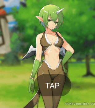 1girl brown_fur faun fur_bikini green_eyes green_hair horns line:_monster_farm midriff monster_farm monster_girl navel official_art pixie_(monster_farm) pixie_cut pointy_ears tail unico_(monster_farm) wings