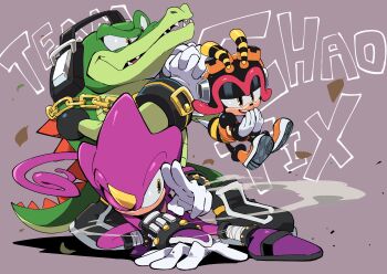 3boys charmy_bee colored_skin crocodile crocodilian english_text espio_the_chameleon full_body goggles goggles_on_head green_skin highres kanamikkana7 kuji-in male_focus multiple_boys purple_skin sharp_teeth simple_background smile sonic_(series) teeth vector_the_crocodile
