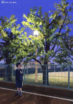 Rule 34 | 1girl, absurdres, bag, black hair, blue skirt, blue sky, coma (ina co ma), dusk, fence, gradient sky, grass, highres, lamppost, long sleeves, necktie, original, outdoors, park, pleated skirt, purple sky, scenery, shadow, short hair, shoulder bag, skirt, sky, solo, standing, tree, wide shot