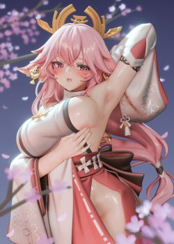 1girl 3d animal_ears arm_behind_head armpits bare_shoulders blender_(medium) blurry blurry_foreground blush breast_lift breasts cherry_blossoms chestnut_mouth commentary cowboy_shot depth_of_field detached_sleeves earrings ears_down english_commentary fox_ears fox_girl genshin_impact hair_ornament highres jewelry large_breasts long_hair looking_down nontraditional_miko obi pink_eyes pink_hair pink_nails pink_skirt presenting_armpit sash shiny_skin shirt side_slit sideboob skirt sleeveless sleeveless_shirt solo sweat teeth ucupumar upper_teeth_only veins veiny_breasts very_long_hair white_shirt white_sleeves wide_sleeves yae_miko