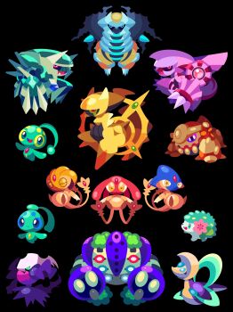 absurdres alternate_color arceus azelf closed_eyes cresselia darkrai dialga flower gen_4_pokemon giratina heatran highres legendary_pokemon looking_at_viewer manaphy mesprit mythical_pokemon nintendo palkia phione pokemon pokemon_(creature) purple_eyes regigigas shaymin shaymin_(land) shichi_(7cube_ori) shiny_pokemon simple_background uxie yellow_eyes