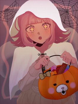 1girl :o blush bow brown_skirt candy cowboy_shot danganronpa_(series) danganronpa_2:_goodbye_despair flipped_hair food hands_up highres hood hood_up long_sleeves medium_hair monomi_(danganronpa) nanami_chiaki no_hair_ornament pink_hair pleated_skirt silk skirt solo spider_web star-shaped_pupils star_(symbol) symbol-shaped_pupils yu2