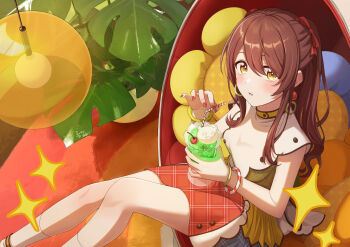 1girl ankle_socks blush carpet ceiling_light chair cherry commentary cup drinking_straw feet_out_of_frame food fruit green_shirt hair_between_eyes half_updo highres holding holding_cup holding_drinking_straw idolmaster idolmaster_shiny_colors kurageso looking_at_viewer miniskirt mint nail_polish on_chair osaki_tenka parted_lips plaid_clothes plaid_skirt plant potted_plant red_nails red_skirt shirt sidelocks sitting skirt sleeveless sleeveless_shirt socks soda solo sparkle stuffed_flower unmoving_pattern white_socks yellow_eyes