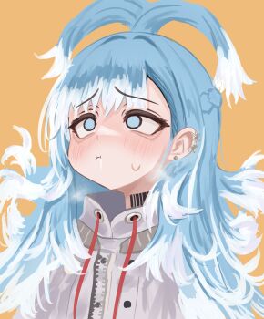 1girl absurdres blue_eyes blue_hair blush colored_tips cropped_hoodie earrings highres hololive hololive_indonesia hood hoodie jacket jewelry kobo_kanaeru kobo_kanaeru_(1st_costume) liquid_hair long_hair long_sleeves lucien_000298 multicolored_hair shirt solo split_ponytail two-tone_hair virtual_youtuber white_hair white_hoodie