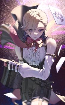 1boy absurdres aminogoose77 bare_shoulders black_cape black_shoes blonde_hair bow bowtie cape commentary detached_sleeves frilled_shirt_collar frills garter_straps genshin_impact hair_between_eyes hat highres holding holding_unworn_clothes holding_unworn_hat light_smile lyney_(genshin_impact) male_focus purple_eyes red_bow red_bowtie shirt shoes short_hair signature solo suspenders swept_bangs symbol-only_commentary teardrop_facial_mark thighhighs top_hat unworn_hat unworn_headwear white_shirt white_sleeves white_thighhighs