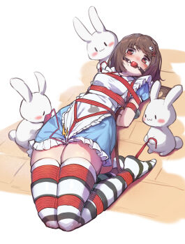 1girl :3 absurdres animal apron arms_behind_back ball_gag bdsm black_eyes blank_eyes blue_dress blush blush_stickers bondage bound bound_arms bound_legs breasts brown_hair closed_mouth controller crotch_rope dress female_focus frilled_apron frilled_dress frills full_body gag gagged hair_ornament hairclip happy highres holding holding_remote_control holding_rope legs_together lightning_bolt_symbol long_hair looking_at_viewer lying maid_apron nose_blush on_back on_floor open_mouth original puffy_short_sleeves puffy_sleeves rabbit rabbit_hair_ornament red_eyes remote_control remote_control_vibrator rope sex_toy shibari shibari_over_clothes short_dress short_sleeves sidelocks skindentation small_breasts smile solid_oval_eyes solo striped_clothes striped_thighhighs swept_bangs thighhighs vibrator vibrator_cord vibrator_under_clothes white_apron wiffle_gag xiongmao