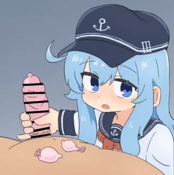 1boy 1girl anchor_symbol animated bar_censor black_sailor_collar blue_eyes blue_hair blush censored clothed_female_nude_male commission condom condom_on_penis cum flat_cap grey_background handjob hat hetero hibiki_(kancolle) loli long_hair long_sleeves looking_at_viewer neckerchief nude open_mouth penis pinky_out red_neckerchief sagami_sagari sailor_collar school_uniform serafuku simple_background skeb_commission solo_focus tagme ugoira used_condom used_condom_on_penis video