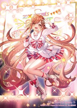 1girl ahoge bow bow_legwear bowtie breasts brown_eyes brown_hair concert copyright_notice hair_ornament holding holding_microphone idol_clothes large_breasts long_hair microphone monitor multicolored_skirt official_art open_mouth pink_bow pink_skirt prism_(z/x) sailor_collar screen shirt shoes skirt socks solo sparkle star_(symbol) star_hair_ornament striped_bow striped_bowtie striped_clothes striped_skirt very_long_hair white_sailor_collar white_shirt white_shoes white_skirt white_socks yuasa_akira z/x