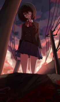 1girl another black_hair black_jacket blood blue_skirt buttons closed_mouth cloud collared_shirt commentary_request corpse expressionless eyepatch head_tilt highres jacket long_sleeves looking_at_viewer medical_eyepatch misaki_mei neck_ribbon noko_robunbun outdoors pleated_skirt red_eyes red_ribbon ribbon school_uniform shirt short_hair skirt solo white_shirt yomiyama_north_junior_high_school_uniform