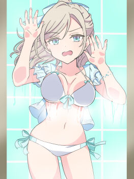 Rule 34 | 1girl, against glass, bikini, blue eyes, blue jacket, blue ribbon, breast press, breasts, breasts apart, breasts on glass, ceras yanagida lilienfeld, ceras yanagida lilienfeld (swimsuit), collarbone, commentary request, cowboy shot, frilled sleeves, frills, front-tie bikini top, front-tie top, gluteal fold, grey hair, grid background, hair ribbon, hand on glass, highres, jacket, jacket over swimsuit, large breasts, link! like! love live!, long hair, looking at viewer, love live!, meteor2art, navel, open clothes, open jacket, open mouth, peanut mouth, ponytail, ribbon, short-sleeved jacket, short sleeves, side-tie bikini bottom, solo, standing, stomach, string bikini, swimsuit, very long hair, virtual youtuber