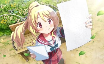 Rule 34 | 1girl, artist request, bench, black sleeves, blonde hair, blue bow, blue bowtie, blue flower, bow, bowtie, bush, closed mouth, collarbone, cowboy shot, day, dot nose, flower, from above, game cg, grey scrunchie, hair between eyes, hair ornament, hair scrunchie, high-waist skirt, highres, holding, holding paper, jewelry, kamihama university affiliated school uniform, layered sleeves, leaf, light blush, long hair, long sleeves, looking at object, magia record: mahou shoujo madoka magica gaiden, mahou shoujo madoka magica, mahou shoujo madoka magica magia exedra, manga (object), nail art, official art, outdoors, paper, paper stack, park, pink eyes, plaid clothes, plaid skirt, pleated skirt, pocket, ponytail, purple flower, red sailor collar, red skirt, ring, sailor collar, school uniform, scrunchie, shirt, short over long sleeves, short sleeves, sidelocks, skirt, smile, solo, sparkle, tareme, togame momoko, wavy hair, white flower, white shirt, yellow flower