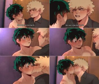 6koma absurdres after_shower bakudeku bakugou_katsuki blonde_hair blush boku_no_hero_academia comic freckles green_eyes green_hair highres hug indoors kiss midoriya_izuku nude parody pectorals red_eyes shirt shower_(place) surprised wet yaoi