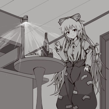1girl absurdres bow buttons closed_mouth collared_shirt cup door drink drinking_glass food fujiwara_no_mokou galm_x_lmr_(ryonasa) grey_theme hair_bow hand_in_pocket highres holding holding_cup indoors long_hair long_sleeves monochrome multiple_hair_bows object_request puffy_pants red_eyes shirt sleeve_garter solo spot_color sprinkler standing suspender_pants table textless_version touhou very_long_hair