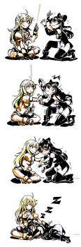2girls artist_request black_hair blake_belladonna blonde_hair boots bow breasts gauntlets gloves hair_bow highres image_sample laser_pointer long_hair medium_breasts multiple_girls pantyhose rwby sleeping smile yang_xiao_long yellow_eyes