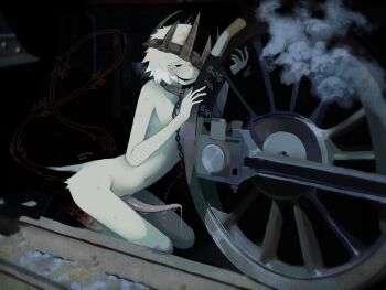 1boy black_tail blush body_fur collar commentary crown drooling ember_(jejejunum) english_commentary erection highres jejejunum kneeling locomotive male_focus mechanophilia metal_collar monster_boy navel open_mouth original penis penis_tentacle precum railroad_tracks rubbing skinny sound_effects steam sweat tears tentacles train wheel white_fur white_hair