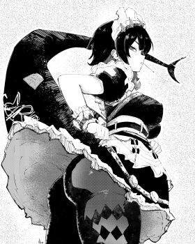 1girl ass breasts candy closed_mouth clothes_lift commentary cowboy_shot dress dress_lift ellen_joe fins fish_tail food frilled_wristband from_side grey_background greyscale hairband highres large_breasts lollipop lollipop_in_mouth looking_at_viewer maid_headdress metal_hairband miregeist monochrome mouth_hold pantyhose parted_bangs shark_tail short_hair short_sleeves solo spiked_hairband spiked_wristband spikes symbol-only_commentary tail zenless_zone_zero