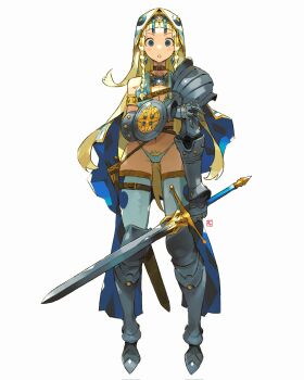 1girl andrewcockroach arm_armor armor belt bikini_armor blonde_hair blue_eyes breasts buckler cape choker cowl female_pubic_hair gauntlets highres holding holding_sword holding_weapon leg_armor long_hair looking_at_viewer medium_breasts original pauldrons pubic_hair shield shoulder_armor single_pauldron standing sword thighhighs weapon white_background