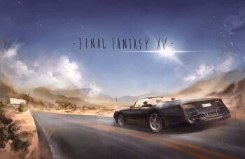 Rule 34 | 4boys, asina71, black hair, blonde hair, blue sky, car, cloud, cloudy sky, commentary request, copyright name, driving, final fantasy, final fantasy xv, from behind, gladiolus amicitia, highres, ignis scientia, male focus, motor vehicle, mountainous horizon, multiple boys, noctis lucis caelum, outdoors, prompto argentum, regalia (final fantasy), road, scenery, short hair, sky, sun