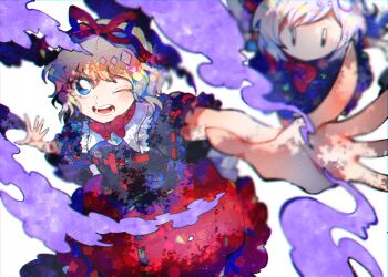 Rule 34 | blonde hair, blue eyes, bow, bowtie, commentary request, hair ribbon, itomugi-kun, medicine melancholy, one eye closed, open mouth, poison, puffy short sleeves, puffy sleeves, red bow, red bowtie, red ribbon, ribbon, shirt, short hair, short sleeves, skirt, su-san, touhou, wings