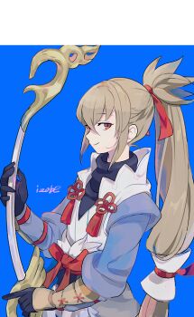1boy bezoi_r fire_emblem fire_emblem_fates fujin_yumi_(fire_emblem) gloves grey_hair japanese_clothes long_hair male_focus nintendo orange_eyes ponytail solo takumi_(fire_emblem) yumi_(bow)
