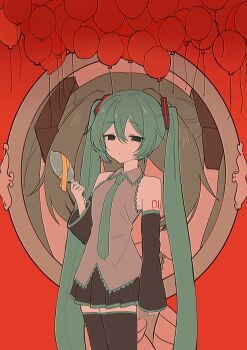 Rule 34 | 1girl, apricot (vocaloid), aqua hair, aqua necktie, aqua shirt, arm tattoo, balloon, black eyes, black skirt, black thighhighs, closed mouth, collared shirt, commentary request, detached sleeves, dot mouth, expressionless, hair between eyes, hair ornament, hand up, hatsune miku, highres, holding, holding mirror, long hair, mirror, necktie, number tattoo, pleated skirt, red background, shirt, skirt, sleeveless, sleeveless shirt, solo, tattoo, thighhighs, twintails, very long hair, vocaloid, yukia 1128, zettai ryouiki
