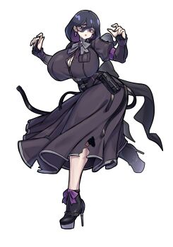 1girl @_@ absurdres belted black_eyes black_hair blush boots breasts corset dress ghost hex_maniac_(pokemon) hex_maniac_(pokemon_legends:_z-a) high_heel_boots high_heels highres huge_breasts jewelry large_breasts long_hair long_sleeves mature_female mold_(pixiv6616319) nail_polish nintendo open_mouth pokemon pokemon_legends:_z-a puffy_sleeves purple_nails purple_ribbon ribbon standing