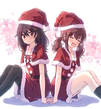 2girls belt belt_buckle black_socks blush brown_eyes brown_hair buckle christmas closed_mouth commentary_request dress furutachi_kurea hair_between_eyes hair_ornament hair_scrunchie hat hibi_wa_sugiredo_meshi_umashi holding_hands kawai_mako multiple_girls open_mouth pantyhose santa_costume santa_dress santa_hat scrunchie short_dress sidelocks simple_background smile socks twintails yakka yuri