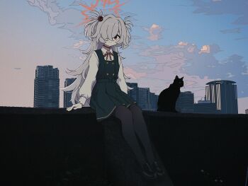 1girl black_cat black_pantyhose black_shoes blue_archive brown_eyes brown_ribbon building cat cityscape closed_mouth cloud collared_shirt commentary_request dress grey_hair hair_over_one_eye halo highres kanoe_(blue_archive) loafers long_hair long_sleeves looking_at_viewer morning neck_ribbon nkymyura one_eye_covered outdoors pantyhose pinafore_dress ribbon shirt shoes sitting skyscraper sleeveless sleeveless_dress smile solo two_side_up very_long_hair white_shirt