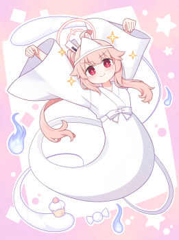 1girl alternate_costume asymmetrical_hair asymmetrical_sidelocks blue_archive closed_mouth commentary_request commission cupcake food ghost_tail halo harada_(sansei_rain) highres japanese_clothes kimono long_hair long_sleeves natsu_(blue_archive) pink_hair pink_halo red_eyes right-over-left_kimono side_ponytail sidelocks skeb_commission smile solo triangular_headpiece white_kimono wide_sleeves