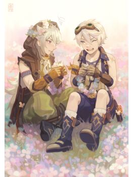 2boys bennett_(genshin_impact) collarbone commentary driftwoodwolf english_commentary fang flower flower_bed genshin_impact gloves green_eyes green_pants head_wreath hood hood_up male_focus multiple_boys open_mouth pants razor_(genshin_impact) red_eyes scar teeth vision_(genshin_impact) white_hair