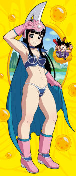 Rule 34 | 1girl, :d, absurdres, armor, bikini, bikini armor, black eyes, black hair, blue bikini, blue cape, blue choker, blunt bangs, blush, boots, breasts, bright pupils, cape, cape hold, caricature, chi-chi (dragon ball), choker, cleavage, closed mouth, dragon ball, dragon ball (classic), dragon ball (object), flying nimbus, full body, gloves, hand up, highres, long hair, looking at viewer, medium breasts, navel, open mouth, pauldrons, pink boots, pink gloves, sakkan, shoulder armor, smile, solo focus, son goku, standing, swimsuit, w, white pupils
