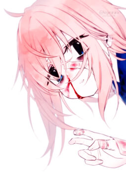 1girl artist_name bags_under_eyes bandaid bandaid_on_face bandaid_on_finger bandaid_on_hand blood blue_eyes dated hogerarara looking_at_viewer michinoku_komaro nosebleed parted_lips pink_hair seitokai_ni_mo_ana_wa_aru! simple_background solo twitter_username white_background