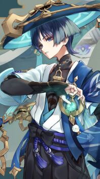 Rule 34 | 1boy, absurdres, anemo symbol (genshin impact), animal print, aqua gem, arm at side, armor, belt, bird print, black belt, black bodysuit, black bow, black bridal gauntlets, black hair, black shorts, blue cape, blue hair, blue hat, blue kimono, blue sleeves, blunt ends, bodysuit, bow, bridal gauntlets, bright pupils, cape, colored inner hair, commentary request, covered collarbone, eyelashes, eyeliner, gem, genshin impact, glowing gem, gold, gold ring, hakama, hakama shorts, hat, highres, japanese armor, japanese clothes, jingasa, juban, kimono, kote, kurokote, layered sleeves, looking at viewer, makeup, male focus, mandarin collar, middle ring, multicolored hair, open clothes, open kimono, open mouth, pleated shorts, pom pom (clothes), purple eyes, purple rope, purple sash, red eyeliner, rope, sakanatakana, sash, scaramouche (genshin impact), short sleeves, shorts, shoulder peek, solo, tassel, tsurime, upper body, vision (genshin impact), wanderer (genshin impact), white kimono, white mouth, white pupils, white sleeves, white trim