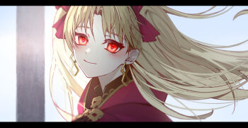 00kashian00 1girl blonde_hair cape commentary_request earrings ereshkigal_(fate) fate/grand_order fate_(series) hair_ribbon highres jewelry letterboxed long_hair looking_at_viewer portrait red_cape red_eyes ribbon smile solo two_side_up