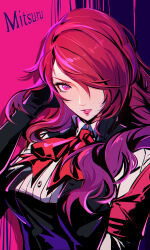 Rule 34 | 1girl, absurdres, black gloves, buttons, character name, gloves, hair over one eye, highres, kirijou mitsuru, kumo33, lips, lipstick, long hair, looking at viewer, makeup, mixed-language commentary, neck ribbon, official alternate costume, one eye covered, parted lips, persona, persona 3, persona 3 reload, red eyes, red hair, red lips, red ribbon, ribbon, shirt, solo, very long hair, wavy hair, white shirt