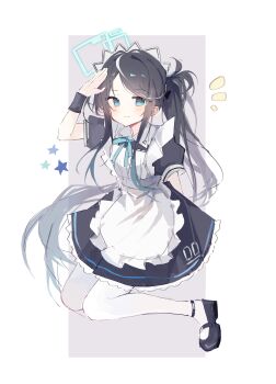 Rule 34 | 1girl, absurdres, apron, aris (blue archive), aris (maid) (blue archive), arm up, black dress, black hair, black shoes, blue archive, blue eyes, blush, border, borrowed clothes, chinese commentary, closed mouth, commentary, dress, frilled apron, frills, full body, grey background, halo, highres, kiri y, long hair, looking at viewer, maid, maid apron, maid headdress, official alternate costume, outside border, pantyhose, ponytail, puffy short sleeves, puffy sleeves, ribbon, salute, shoes, short sleeves, simple background, smile, solo, star (symbol), very long hair, white apron, white border, white pantyhose