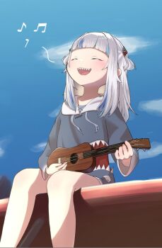 1girl blue_hair blue_hoodie blue_sky blunt_bangs blush closed_eyes fins fish_tail gawr_gura gawr_gura_(1st_costume) gradient_sleeves grey_hair highres holding holding_instrument holding_ukulele hololive hololive_english hood hoodie instrument long_hair long_sleeves mixed-language_commentary multicolored_hair music musical_note no_pants outdoors playing_instrument shark_tail sitting sky solo spoken_musical_note streaked_hair tail two_side_up ukulele virtual_youtuber yuki_waraneko