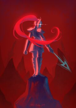 1girl :d absurdres armor armored_boots armored_gloves backlighting blue_skin boots clenched_hand colored_skin commentary elbow_gloves english_commentary fins from_behind full_armor gloves grey_armor grey_boots grey_gloves grin head_fins highres holding holding_polearm holding_weapon kiriyume legs_together long_hair mountain open_mouth outdoors polearm profile red_hair red_sky scene_reference sharp_teeth shoulder_armor sky smile solo sparkle spear standing teeth thigh_boots twitter_username undertale undyne utdr_(toby_fox) very_long_hair weapon