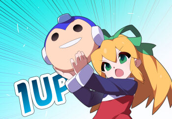 Rule 34 | 1girl, 1up, blue background, dress, gradient background, green eyes, high ponytail, kaidou zx, long hair, mega man (character), mega man (classic), mega man (series), motion lines, ponytail, red dress, roll (mega man), simple background, speed lines, upper body, white background