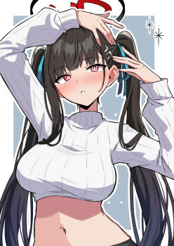 1girl alternate_hairstyle amenocchi black_hair black_halo blue_archive breasts bright_pupils commentary_request hair_ornament hairclip halo highres large_breasts long_hair midriff navel red_eyes rio_(blue_archive) solo sweater twintails white_pupils white_sweater
