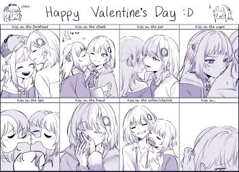 2girls absurdres blunt_bangs blush chart closed_eyes couple english_text gawr_gura hair_ornament highres hololive hololive_english hood kiss kiss_chart kissing_cheek kissing_ear kissing_forehead kissing_hand kissing_neck medium_hair monochrome multiple_drawing_challenge multiple_girls necktie open_mouth sharp_teeth shew_(shew03) short_hair teeth two_side_up virtual_youtuber watson_amelia yuri