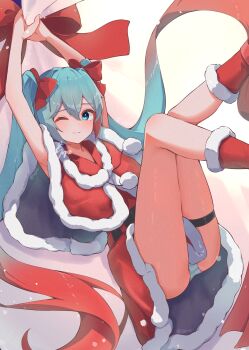 1girl absurdly_long_hair aqua_eyes aqua_hair arms_up boots bow capelet christmas closed_mouth commentary_request dress fur-trimmed_boots fur-trimmed_capelet fur-trimmed_dress fur_trim gradient_hair hair_between_eyes hair_bow hair_ornament hatsune_miku highres holding holding_sack long_hair looking_at_viewer multicolored_hair one_eye_closed panties pom_pom_(clothes) red_boots red_bow red_capelet red_dress red_hair sack sleeveless sleeveless_dress solo soyose striped_clothes striped_panties thigh_strap twintails underwear very_long_hair vocaloid