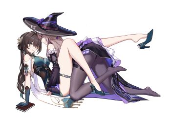 2girls absurdres all_fours ass bare_shoulders between_legs black_dress black_pantyhose book breasts brown_hair clothing_cutout commentary_request dress expressionless flower full_body gloves green_dress green_eyes green_gloves green_shoes hair_between_eyes hat hat_flower herta_(honkai:_star_rail) high_heels highres honkai:_star_rail honkai_(series) legs_up long_hair looking_at_another looking_at_viewer medium_breasts multiple_girls pantyhose pumps purple_eyes purple_flower ruan_mei_(honkai:_star_rail) setsu_(qjsj1993aa) shoe_dangle shoes shoulder_cutout simple_background sitting smile spread_legs the_herta_(honkai:_star_rail) thigh_strap white_background witch_hat yuri